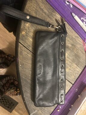 Kenneth Cole Black Leather Wristlet Clutch with Grommet Detail